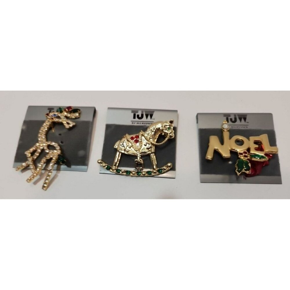 Vtg TJW By Mervyns 3  Christmas Brooches New - Reindeer, Noel, Rocking Horse